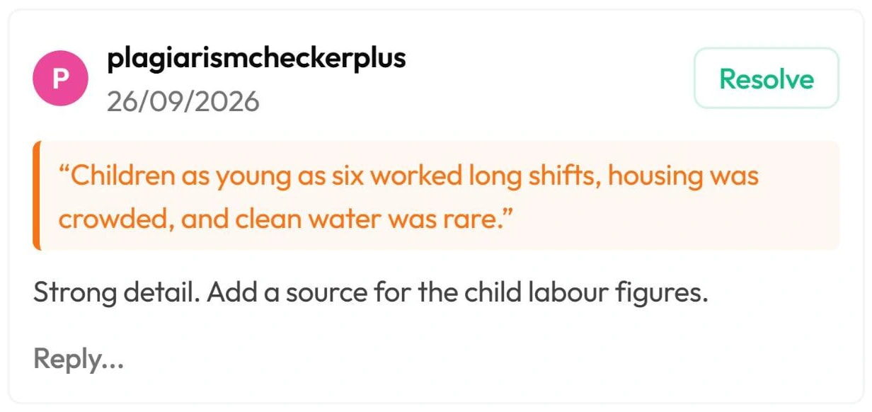 A remark on a highlighted sentence, with Resolve and Reply